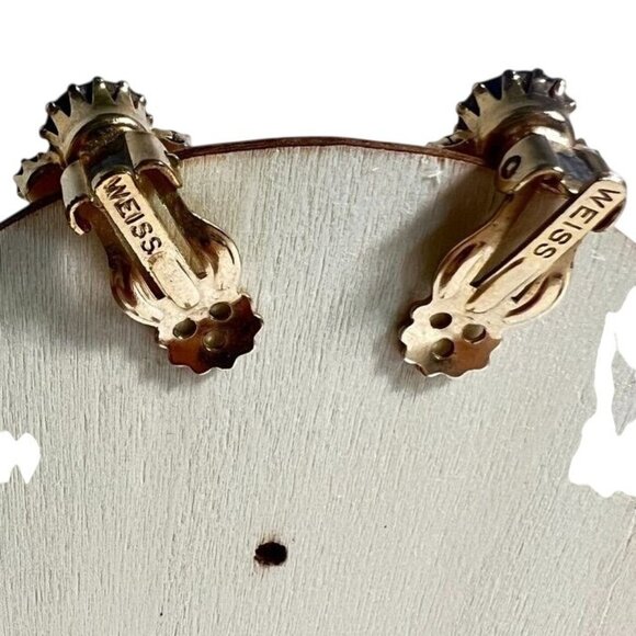 Vtg Weiss Blue Aurora Borealis Crystal Clip-On Earrings 1.25" Signed 50s Glam - Picture 6 of 10